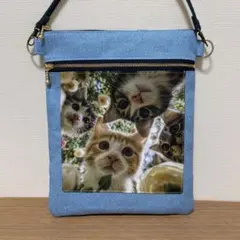 猫デザインデニム柄ポーチ　ハンドメイド　スマホポーチ　フラットポーチ