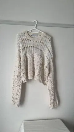ZARA アイボリー 透かし編み ニットセーター 長袖 クロップド
