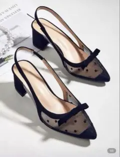 スリングバックパンプス 黒 ドット柄