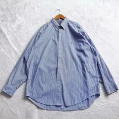 極美品 ラルフローレン 長袖シャツ ストライプ 刺繍 ゆったり 綿 青 白 XL