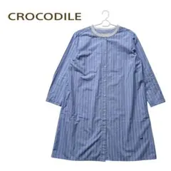 美品 クロコダイル 長袖チュニックシャツ ストライプ 青 白