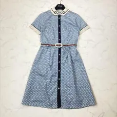 ローラアシュレイ シャツワンピース 半袖 襟刺繍 ベルト付 幾何学柄　日本製綿Mのサムネイル