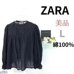 【ザラ】レディース ブラウス カットソー 透け感有 ゆったり 黒 長袖 刺繍 L