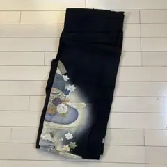 4.3 正絹 黒留袖 比翼仕立て 五つ紋 鶴 松 波 金彩 縁起柄 149cm
