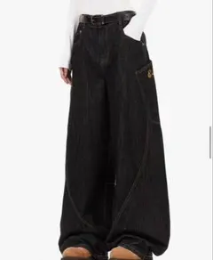 ワイドデニム ブラック 立体カーブパンツ Y2K バギー 極太 モード系