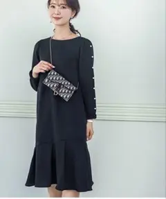 【タグ付未使用】✨袖パールラインワンピース カットソー 裾フレア フォーマル　M