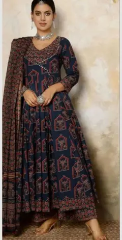 本日最終　インドラジャスタンのコットンクルタ3点セット　ネイビー　М