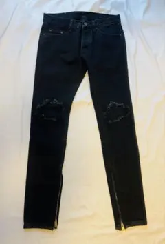 ミニマル　ダメージブラックデニムパンツ　スキニージーンズ　サイドジッパー　細身