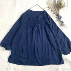 刺繍ブラウス 長袖 ネイビー 3XL バルーン袖 大きいサイズ ゆったり