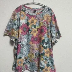 シーイン 花柄 カットソー 丸首 半袖 ゆったり 黄 桃 緑 橙 2XL 華やか