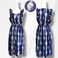 美品☆アクシーズファム　ネイビー花柄ノースリーブフリルワンピース　リボン 春夏
