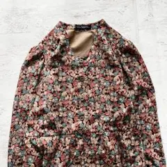 昭和レトロ 小花柄ロングワンピース｜赤×グリーン配色・ウエスト切替 長袖11号