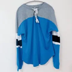 カジュアル長袖Tシャツ・レースアップ・青