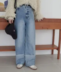 《美品》Discoat USコットンデニムロールアップパンツ サックスブルーLのサムネイル