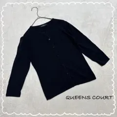 【クイーンズコート】 カーディガン 黒系 綿 レーヨン 七分袖 クルーネック