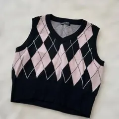 SHEIN アーガイル柄 クロップドニットベスト