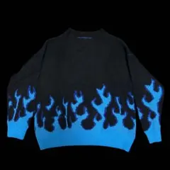 90s ヴィンテージ フレイム ニット ファイヤー USA 80s ハーレー 青のサムネイル