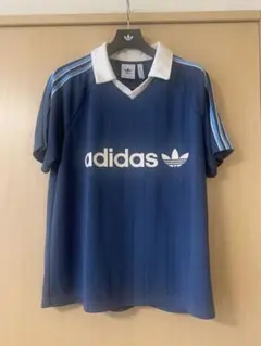 アディダスオリジナルス　半袖ポロシャツ　ピンストライプ　ジャージ　ネイビー　XL