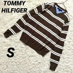 【トミーヒルフィガー】 Vネックニットセーター ボーダー ユニセックス 茶色 白