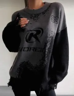 レディース ニット トップス グレー 黒 オーバーサイズ ダメージ