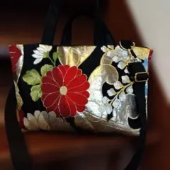 ハンドメイド　帯　リメイク　トートバッグ　2ways ショルダーバッグ　赤い花