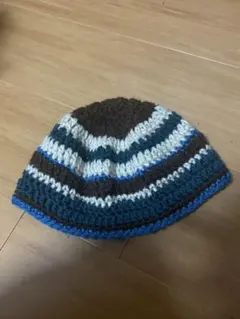 ストライプニット帽 茶色 青 ハンドメイド ビーニー