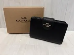 美品 コーチ 財布 ブラック レザー ミディアム コーナー ジップ ウォレット