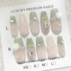 ネイルチップ ワンホン 韓国 ピンク 緑 ハート キルティング リボン 薔薇のサムネイル
