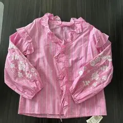 ピンク ストライプ フリルブラウス 長袖新品未使用フリーサイズ