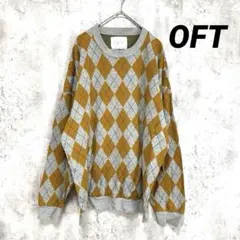 美品【OFT】アーガイル柄 長袖ニット イエロー×グレー L カジュアル