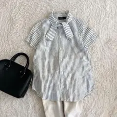新品♡ SHIPS シップス 日本製 半袖 ゴムスリーブ ブラウス ストライプ 