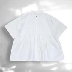 グリーンレーベルリラクシング ペプラムショートスリーブブラウス バンドカラー 白