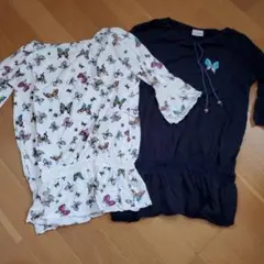 蝶プリント 七分袖ワンピース 2点セット