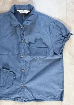 H&M 花形ポケット 半袖デニムシャツ デニムブラウス ブルー 140