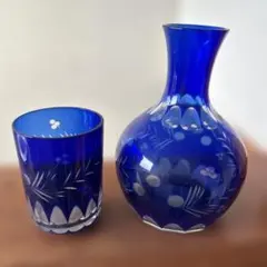 ブルーガラス デキャンタ＆グラスセット 切子模様
