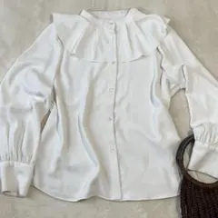 ナチュラルビューティーベーシック ラッフルカラーブラウス フリル袖 M 白