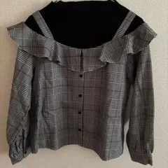 オフショルダー フリル チェックシャツ