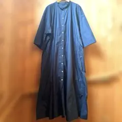 バンドカラーシャツ ロングワンピース ウエストベルト付き　黒L 大きめサイズ