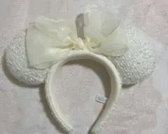 東京ディズニーランド　ツイード生地　白色　リボン　ミニーちゃん、カチューシャ