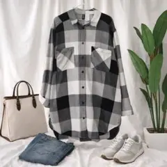 H&M チェックシャツ モノトーン ビッグシルエット