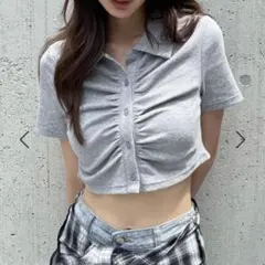 【美品】Forever21 シャーリングポロシャツ グレー