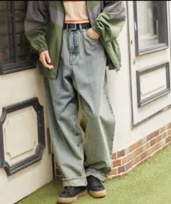 MONO-MART ヴィンテージライクオーバーダイワイドデニムパンツ GU