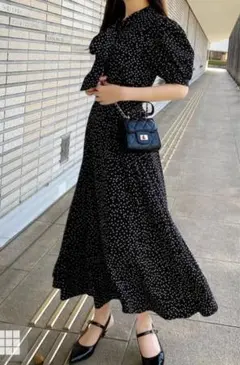 ドット柄ボウタイフレアワンピース[tw1010]