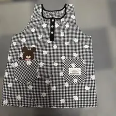 エプロン 黒白ギンガムチェック 花柄 くまのがっこう　学研
