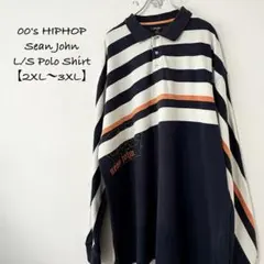 00s★SeanJohnショーンジョン★長袖ボーダーポロシャツ★紺白★2〜3XLのサムネイル