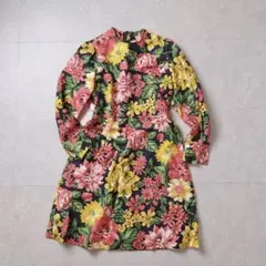 花柄 フラワープリント ワンピース 長袖 Aライン レディース M 80s風