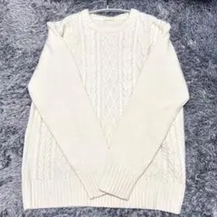 GU メンズ ケーブル編み クルーネックニット ホワイト L
