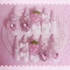 ♥現品♥ 量産型 地雷 ネイルチップ 平成女児 いちご リボン スカルプ つけ爪