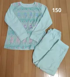 【中古】イオン　薄手フリースパジャマ上下セット　ミントグリーン クマ柄 　150