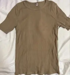 ベージュ リブ編み 半袖Tシャツ